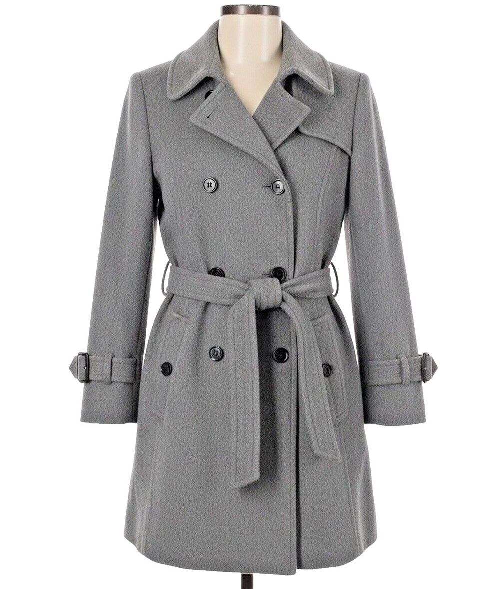 Calvin Klein Womens M Grey Belted Wool Blend Trench Coat Heavy Winter Jacket